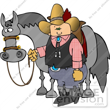 #14559 Caucasian Cowboy Holding the Reins to His Horse Clipart by DJArt