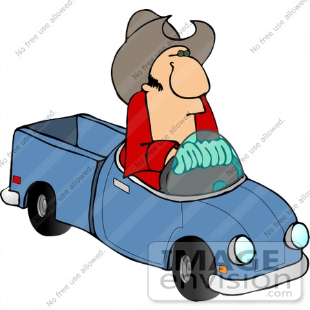 #14600 Caucasian Cowboy Man Driving a Tiny Blue Pickup Truck Clipart by DJArt