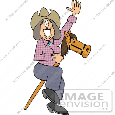 #14601 Cowgirl Woman Waving and Riding a Sick Pony Horse Toy Clipart by DJArt