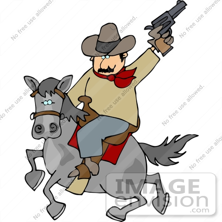 #14604 Cowboy Holding a Pistil up and Riding a Horse Clipart by DJArt