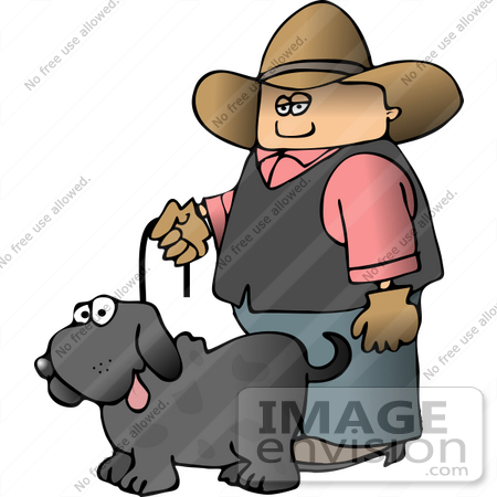 #14622 Caucasian Cowboy Walking His Gray Dog Clipart by DJArt