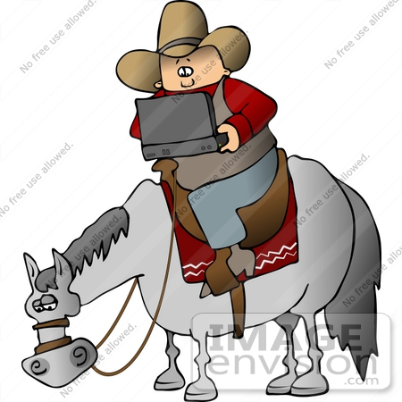 #14623 Clipart of a High Tech Cowboy Using a Laptop Computer on a Horse Clipart by DJArt