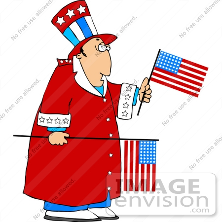 #14650 Uncle Sam Character in a Red Robe, Holding American Flags Clipart by DJArt