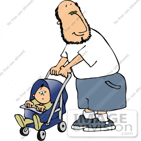 #14775 Caucasian Father Man Pushing a Baby in a Stroller Clipart by DJArt
