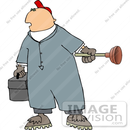 #14793 Plumber Man Carrying a Toolbox and Toilet Plunger Clipart by DJArt