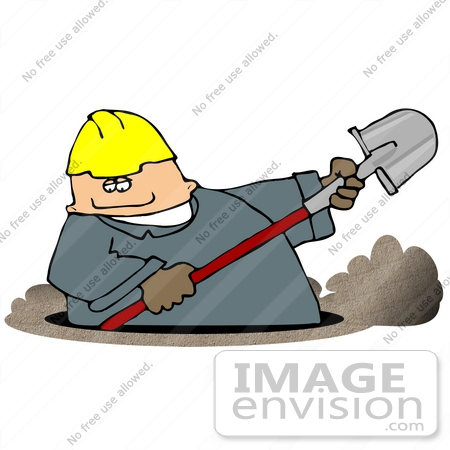 #14820 Man in a Hardhat and Coveralls Digging a Ditch Clipart by DJArt
