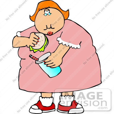 #14910 Obese Woman Eating a Burger and Drinking a Soda Clipart by DJArt