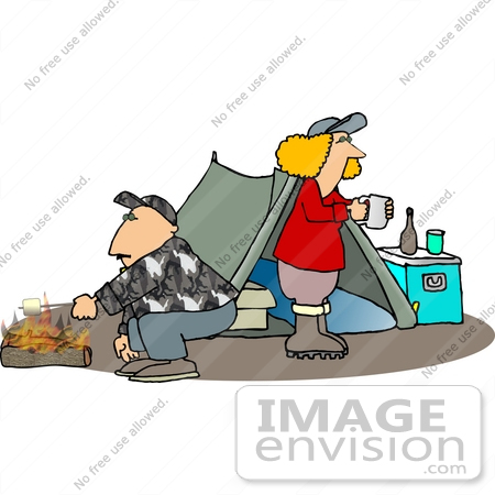 #14992 Caucasian Couple Roasting Mashmallows and Drinking Coffee by a Tent in a Campground Clipart by DJArt