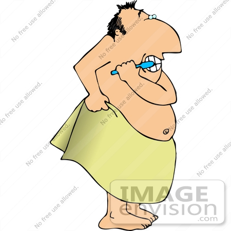 #15052 Chubby Man Brushing His Teeth, Wrapped in a Towel Clipart by DJArt