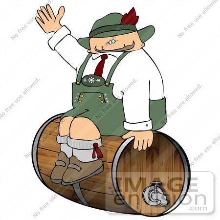 #16073 German Man on a Wooden Barrel Beer Keg, Waving Clipart by DJArt