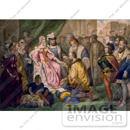 #1631 Illustration of Christopher Columbus Kneeling in Front of Queen Isabella I And King Ferdinand V by JVPD