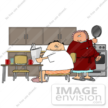 #16457 Woman About to Hit Her Husband on the Head With a Frying Pan While He Eats Breakfast and Reads the Paper Clipart by DJArt