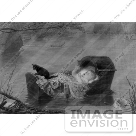 #16464 Picture of a Baby and Cat in a Cradle Floating on Water During a Flood by JVPD