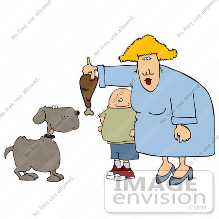 #16513 Woman and Boy Feeding a Dog a Chicken Leg Drumstick Clipart by DJArt
