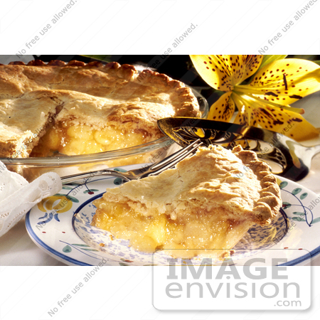 #17099 Picture of One Whole Slice of Apple Pie on a Plate, the Rest of the Pie in the Background With a Lily by JVPD
