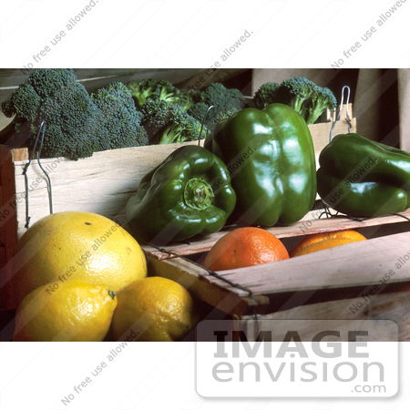 #17106 Picture of Broccoli, Green Bell Peppers, Grapefruits and Oranges With Wooden Crates by JVPD