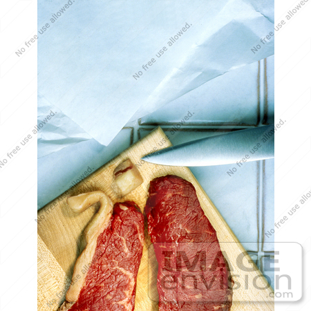 #17112 Picture of Two Slabs of Red Meat Near a Knife on a Wooden Cutting Board by JVPD