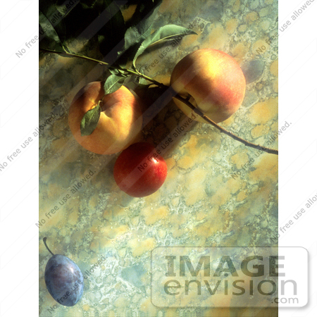 #17123 Picture of a Peach, Nectarine, Cherry Tomato and a Plum on a Marble Background by JVPD