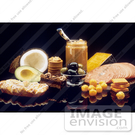 #17129 Picture of Pastries, Lunch Meats, Crackers, Olives, Avacados, Cheese, Peanut Butter and Coconuts by JVPD