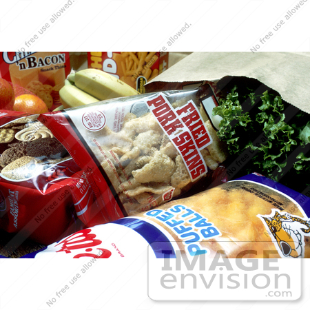 #17131 Picture of Paper Grocery Bags Stuffed With Junk Foods Like Pork Rinds, Cheetos, Crackers, as Well as Bananas and Oranges by JVPD