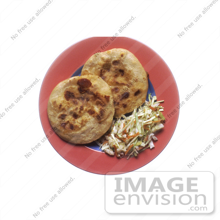 #17137 Picture of Two Whole Pupusas With Coleslaw on a Pink and Blue Plate by JVPD