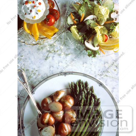 #17147 Picture of a Healthy Dinner Meal With Cooked Potatoes and Asparagus, Tossed Salad and Tomatoes and Peppers With a Dip by JVPD