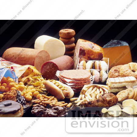 #17150 Picture of Foods High in Fat; Chips, Donuts, Chocolates, Meats, Cheeses, and French Fries by JVPD