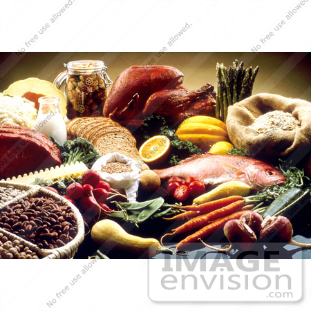 #17160 Picture of Food Still Life With Poultry Meat, Seafood, Breads, Beans, Veggies and Fruits by JVPD