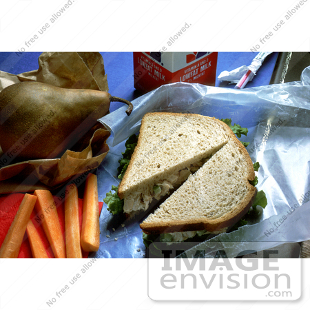 #17162 Picture of a Healthy Lunch Consisting of a Chicken Salad Sandwich, Milk, Pear, and Carrots by JVPD