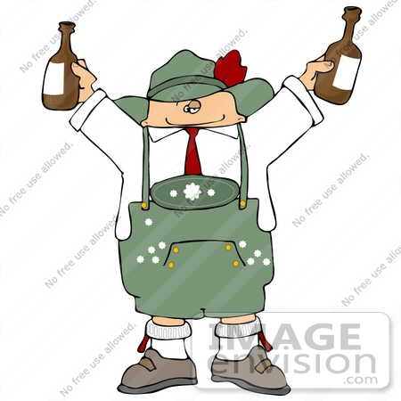#17239 Caucasian Man In Oktoberfest Costume Holding Up Two Bottles Of Beer Clipart by DJArt