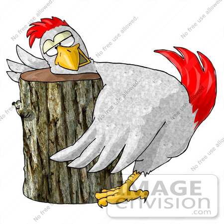 #17244 Chicken Resting His Head on a Wooden Log Chopping Block Clipart by DJArt