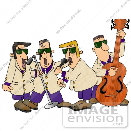 #17246 Men’s 1950’s With Three Vocalists Singing Into Microphones and a Double Bass Player Performing on Stage Clipart by DJArt