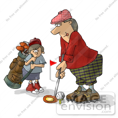 #17253 Golfer Man About to Hit a Golf Ball Standing by His Young Caddy Boy Clipart by DJArt