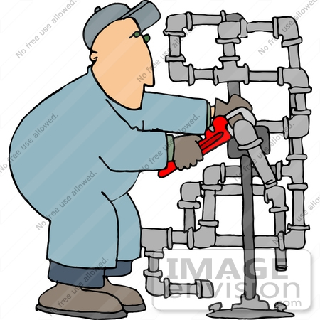 #17424 Man Fitting Pipes With a Pipe Wrench Clipart by DJArt