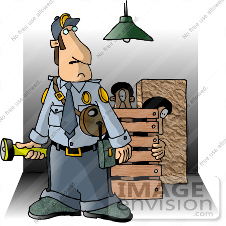 #17426 Male Security Guard With a Flashlight, Two Burglars in a Crate in the Background Clipart by DJArt