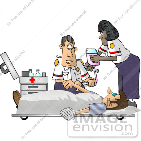 #17440 Caucasian Man and African American Woman EMT Paramedics Using an IV on an Injured Patient Clipart by DJArt