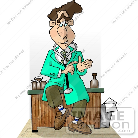 #17442 Male Doctor in a Green Jacket, Wearing a Stethoscope Around His Neck and Sitting on His Desk Clipart by DJArt