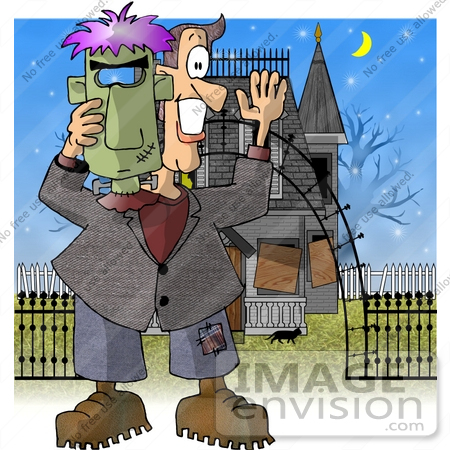 #17665 Middle Aged Man Trick or Treating as Frankenstein, Standing in Front of a Haunted House on Halloween Clipart by DJArt