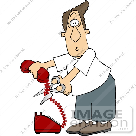 #17682 Caucasian Man Cutting the Cord on a Red Telephone Clipart by DJArt