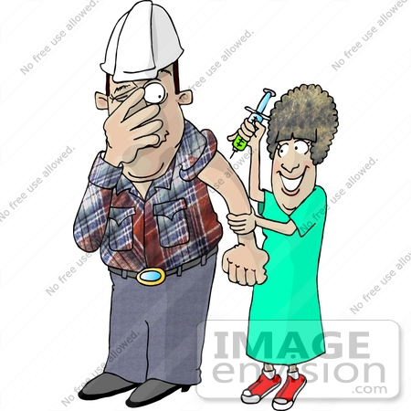 #17685 Worker Man Scared as a Nurse Prepares to Give Him a Flu Shot Clipart by DJArt