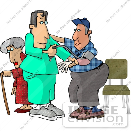 #17697 Male Nurse Taking a Man’s Blood Pressure Reading in a Hospital, a Senior Woman With a Cane in the Background Clipart by DJArt