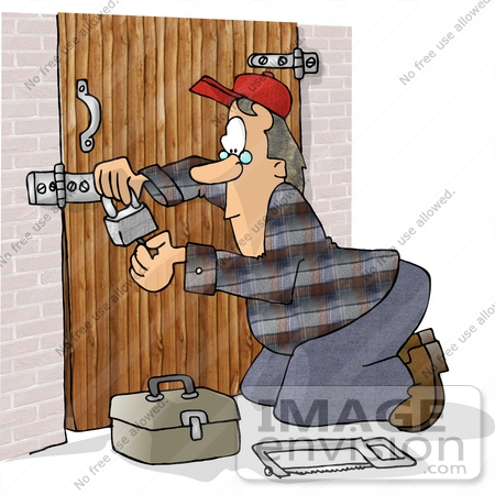 #17698 Locksmith Man Fixing or Setting a Padlock on a Wodden Gate Clipart by DJArt