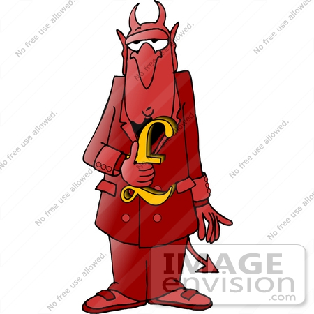 #17703 Devil Man in a Red Uniform, Holding a Gold Pound Sign Clipart by DJArt