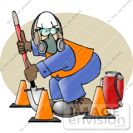 #17823 Construction Worker Man With Safty Gear, Cones, Fire Extinguisher, Respirator Mask and Hardhat Clipart by DJArt