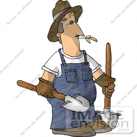 #17837 Farmer Man in Overalls Carrying Two Shovels and Chewing on Straw or Hay Clipart by DJArt