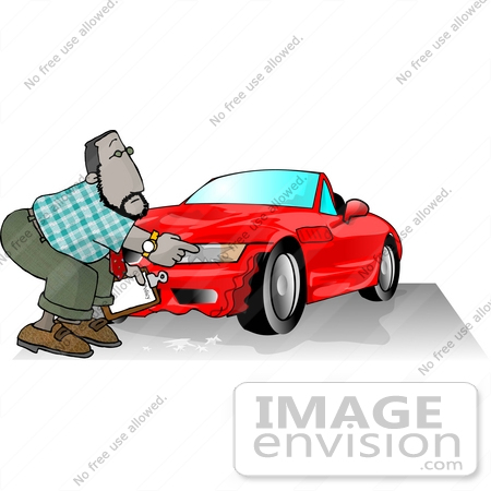 #17841 Car Insurance Man Investing a Claim on a Wrecked Sports Car Clipart by DJArt