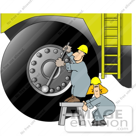 #17846 Man and Woman Workers Adjusting the Lug Nuts on an Earth Mover Machine Clipart by DJArt