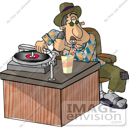 #17853 Disc Jockey (DJ) Man Playing a Vinyl Record and Talking Into a Microphone Clipart by DJArt