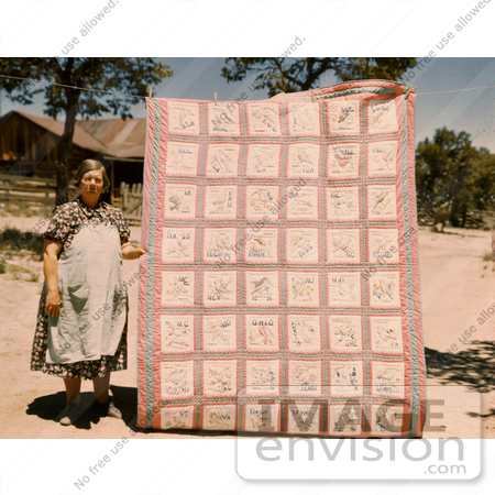 #17859 Photo of a Woman Standing Beside a State Quilt That She Made by JVPD
