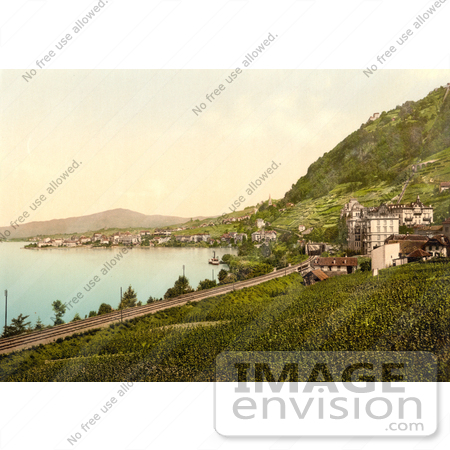 #17902 Picture of the Railroad and Montreux on Geneva Lake in Switzerland by JVPD